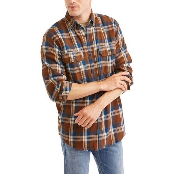 Faded Glory Brown and Blue Plaid Casual Button Down Shirt, Size M - Picture 1 of 9